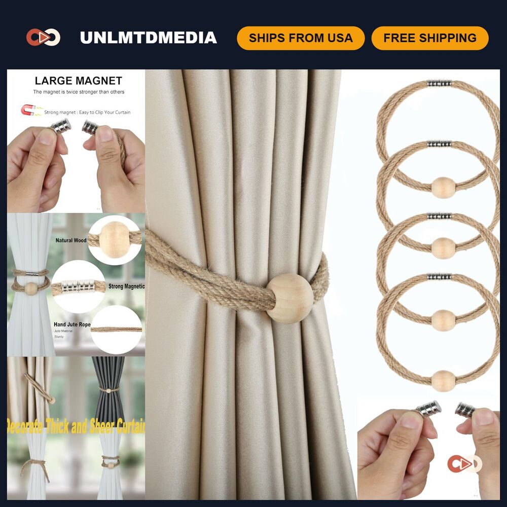 Boho Jute Magnetic Curtain Tiebacks - Farmhouse Style Curtain Holdbacks, 2 Pack